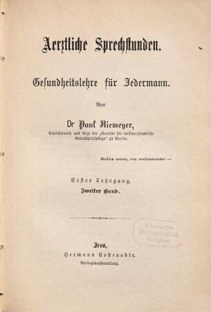 Aerztliche Sprechstunden : Zeitschrift für naturgemäße Gesundheits- und Krankenpflege ; Organ des Hygienischen Vereins zu Berlin. 2. [1879]