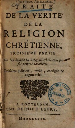 Traité de la Verité de la Religion Chrêtienne, 3. Partie