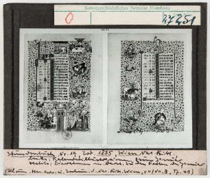 Wien, Nationalbibliothek: Cod. 1855, : links: Kalender Januar, rechts: Zierrahmen und Darstellungen zu den Festen