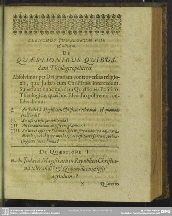 Elenchus Judaeorum VIII. & ultimus. De Quaestiones Quibusdam Theologicopoliticis
