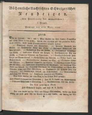 1798, 1. Blatt (9. Merz)/41. Blatt (28. Christmonat): Wöchentliche Nachrichten Schweizerischer Neuheiten