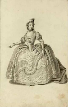 Maria Rosa Negri Pavona, Mezzosopran, in der Rolle der Barce (aus dem Vestiarium der Oper "Attilio Regolo", aufgeführt am 12. Januar 1750 in Dresden)