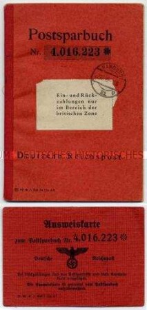 Postsparbuch der Deutschen Reichspost mit nachträglich aufgeklebtem Gültigkeitsvermerk für die Britische Besatzungszone - Personenkonvolut