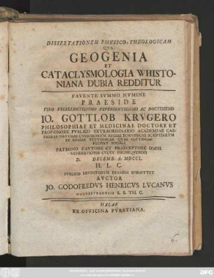 Dissertationem Physico-Theologicam, Qva Geogenia Et Cataclysmologia Whistoniana Dubia Redditur