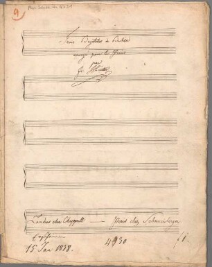 Bagatellen, pf, op. o.Op. - BSB Mus.Schott.Ha 4731 : [title on p. 1, autograph:] Trois Bagatelles de Bochsa // arrangé pour le Piano // par // Fr: Hünten // Londres chez Chappell - Paris chez Schoenenberger // [publisher's additions:] Erscheinen // 15 Jan 1838. // 4930 // f 1.