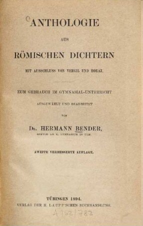 Anthologie aus römischen Dichtern mit Ausschluß von Vergil und Horaz