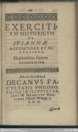 Exercitium Historicum, De Susanne Accusatione Et Defensione