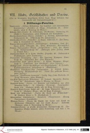 VII. Klubs, Gesellschaften und Vereine.