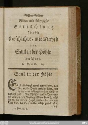Sieben und siebenzigste Betrachtung über die Geschichte, wie David den Saul in der Höhle verschont. 1. Sam. 24.