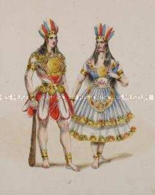 Mann und Frau in exotischen Kostümen mit Federschmuck - Tafel aus Franceschini/Neue Kostümsammlung (Kassette 3)