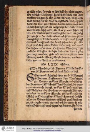 Die LXIX. History Wie Vlenspiegel zu Bremen Milch kaufft/von de Bewrin/vnd zusame schütten ließ