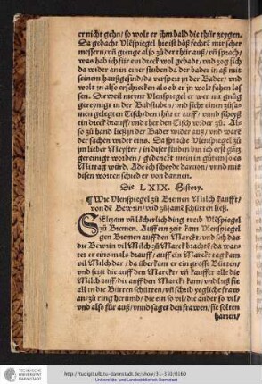 Die LXIX. History Wie Vlenspiegel zu Bremen Milch kaufft/von de Bewrin/vnd zusame schütten ließ