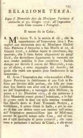 Relatione terza. Sopra il memoriale dato da Monsignor Patriarca d'Antiochia ai 21. giugno 1706...