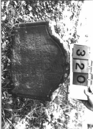 Grabstein 320 (Index: 99609957) Material: Sandstein Zustand: stark verwittert, eingesunken, weitgehender Textverlust Maße HxBxT: 48x53x8 cm Beschreibung: Stele, Konvexbogenabschluß, Schriftfeld eingetieft Symbolik: segnende Hände: Grabstein 320