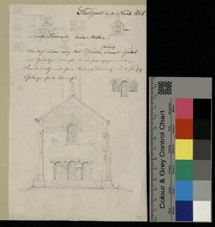 Beginn eines Briefs auf einem Skizzenblatt mit der Darstellung der Westfassade einer Kirche