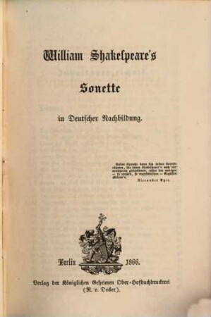 William Shakespeare's Sonette : in deutscher Nachbildung