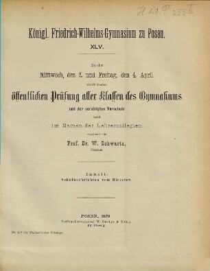 Zu der ... stattfindenden öffentlichen Prüfung ladet ... ergebenst ein. 1878/79