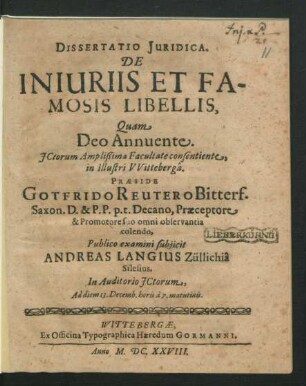 Dissertatio Iuridica. De Iniuriis Et Famosis Libellis