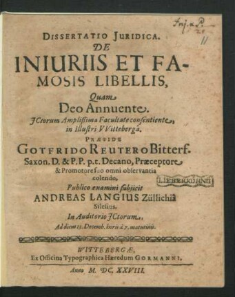 Dissertatio Iuridica. De Iniuriis Et Famosis Libellis