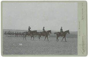 Kaisermanöver 1899 bei Craula, Besichtigung des Infanterie-Regiments (von Wittich) Nr. 83, 3. (kurhessisch) es durch Kaiser Wilhelm II., König von Preußen und König Christian IX. von Dänemark; beide zu Pferd