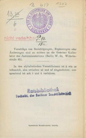 Stempel: Kön. Pr. Ministerium des Innern. Bibliothek