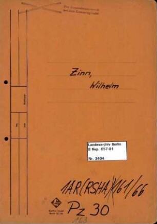 Personenheft Wilhelm Zinn (*11.05.1902), Polizeiinspektor