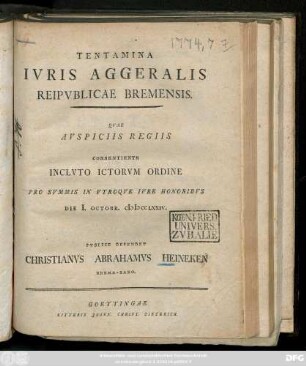 Tentamina Ivris Aggeralis Reipvblicae Bremensis