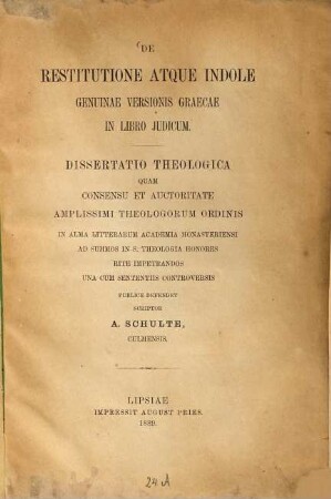 De restitutione atque indole genuinae versionis Graecae in Libro judicum