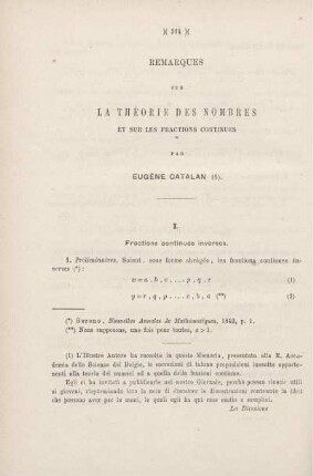 Remarques sur la théorie des nombres et sur les fractions continues.