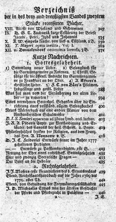 Verzeichniß der in des drey und dreyßigsten Bandes zweytem Stücke recensirten Bücher.