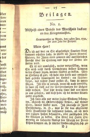 No. 1. Abschrift eines Briefs des Marschals Luckner an den Kriegsminister.