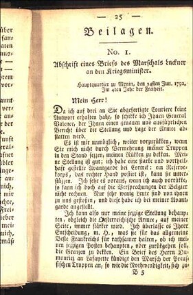 No. 1. Abschrift eines Briefs des Marschals Luckner an den Kriegsminister.