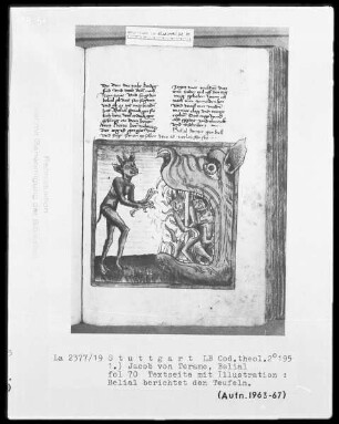 Jacob von Teramo, Belial und Johannes von Mandeville, Reise nach Jerusalem — Jacob von Teramo, Belial — Belial berichtet den Teufeln, Folio 70recto