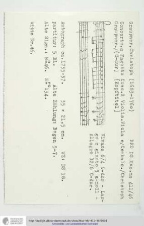 Concerto, a Fagotto Conc. 2 Violin. Viola e / Cembalo. / Christoph Graupner.