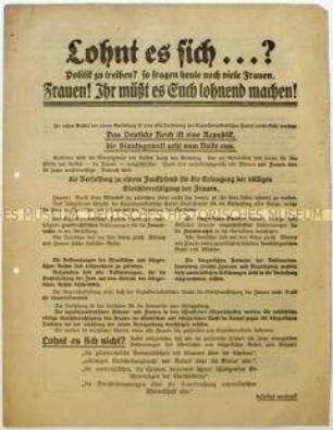 Flugblatt der SPD zur den Frauenrechten in der Weimarer Verfassung und Aufruf zum Beitritt