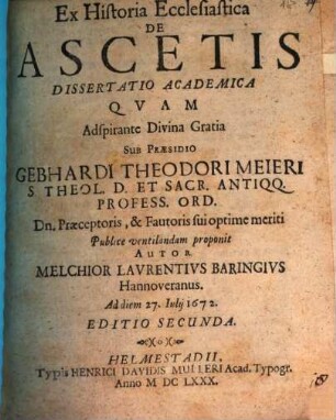Ex historia ecclesiastica de ascetis dissertatio academica