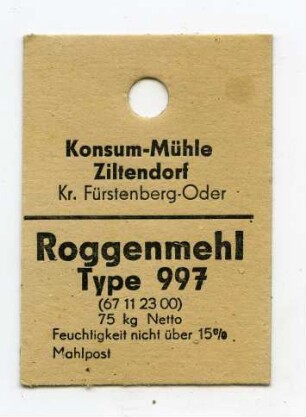 Konsum-Mühle Ziltendorf Roggenmehl Type 997