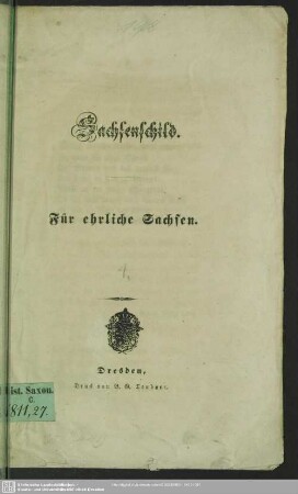 [1849,1]: Sachsenschild : für ehrliche Sachsen