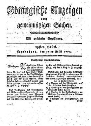 29tes Stück. Sonnabend, den 17ten Julii 1779.