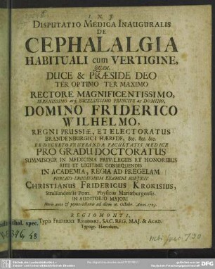 Disputatio Medica Inauguralis De Cephalalgia Habituali cum Vertigine