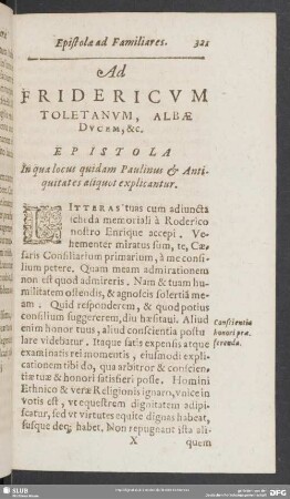 Ad Fridericum Toletanum, Albae Ducem, &c. Epistola In qua locus quidam Paulinus & Antiquitates aliquot explicantur