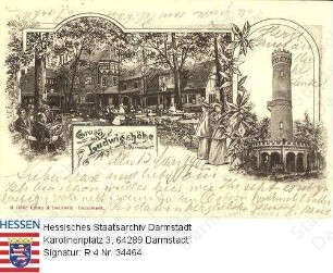 Darmstadt, Ludwigshöhe / Restaurant und Pension Ludwigshöhe mit Biergarten; Turm