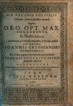 De Arcanis Politicis : Velitatio Politico-Iuridica Secunda