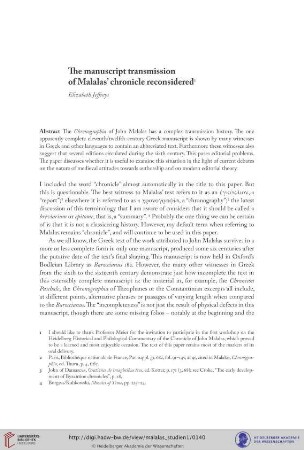 The manuscript transmission of Malalas' chronicle reconsidered
