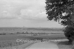 Pöhlser Wohld: Getreidefeld an Straße zwischen Pöhls und Zarpen: rechts Baum: hinten Bauernhof, Häuser, Wiesen, Büsche und Bäume: im Hintergrund Silhouette der Stadt Lübeck mit Kirchtürmen