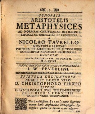Tavrelli Synopsin Aristotelis Metaphysices Quoad Partem ...