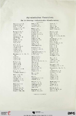 Alphabetisches Verzeichnis der Katalog vorkommenden Künstlernamen