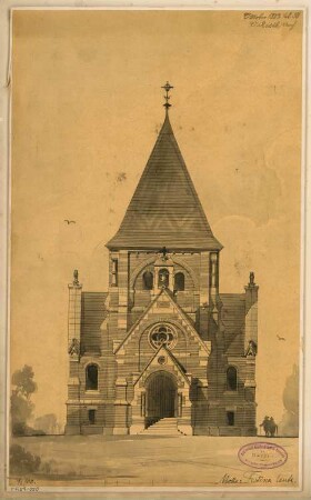 Friedhofskapelle, Greifswald Monatskonkurrenz Oktober 1883: Aufriss Eingangsseite; Maßstabsleiste