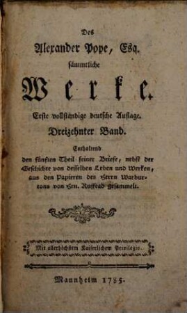 Des Alexander Pope Esq. sämmtliche Werke, 13