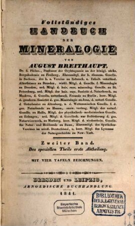 Vollständiges Handbuch der Mineralogie, 2. Des speziellen Theils erste Abtheilung